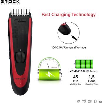 Brock BHC 2001 машинка для стрижки, 1 насадка-гребень, 3-15 мм, 24 шага, аккумулятор, 45 мин, черный/красный (BHC 2001)