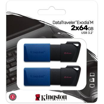 Kingston DataTraveler Exodia M USB флешка DTXM/64GB-2P, 64GB, USB 3.2 Gen 1, USB Type-A, 2 шт, черный синий, слайдер (DTXM/64GB-2P)
