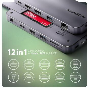 Axagon док-станция HMC-12GM2, USB 10Gbps, 3x USB-A, USB-C, HDMI, DP, RJ-45, M.2, SD/mSD, аудио, PD 100W (HMC-12GM2)