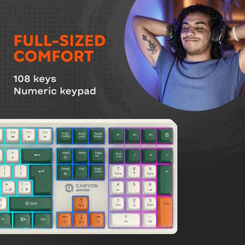 Bezvadu mehāniskā spēļu klaviatūra 108 taustiņi RGB 2.4 GHz + Bluetooth + USB Whisper-Quiet Brown Shadder GKW-11 Balta CND-SKBW11 CANYON (CND-SKBW11)