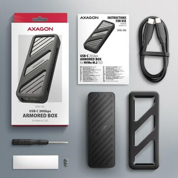 Axagon SDD cietā diska korpuss EEM2-20G USB-C 20Gbps, M.2, melns, 15 x 112 x 40 mm, 0.38 m kabelis, 1 termiskā pad (EEM2-20G)