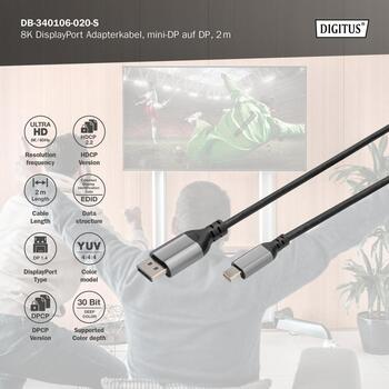Digitus DisplayPort kabelis DB-340106-020-S, 2 m, 8K60Hz atbalsts, 4K144Hz atbalsts, MST, 80 Gbps (DB-340106-020-S)