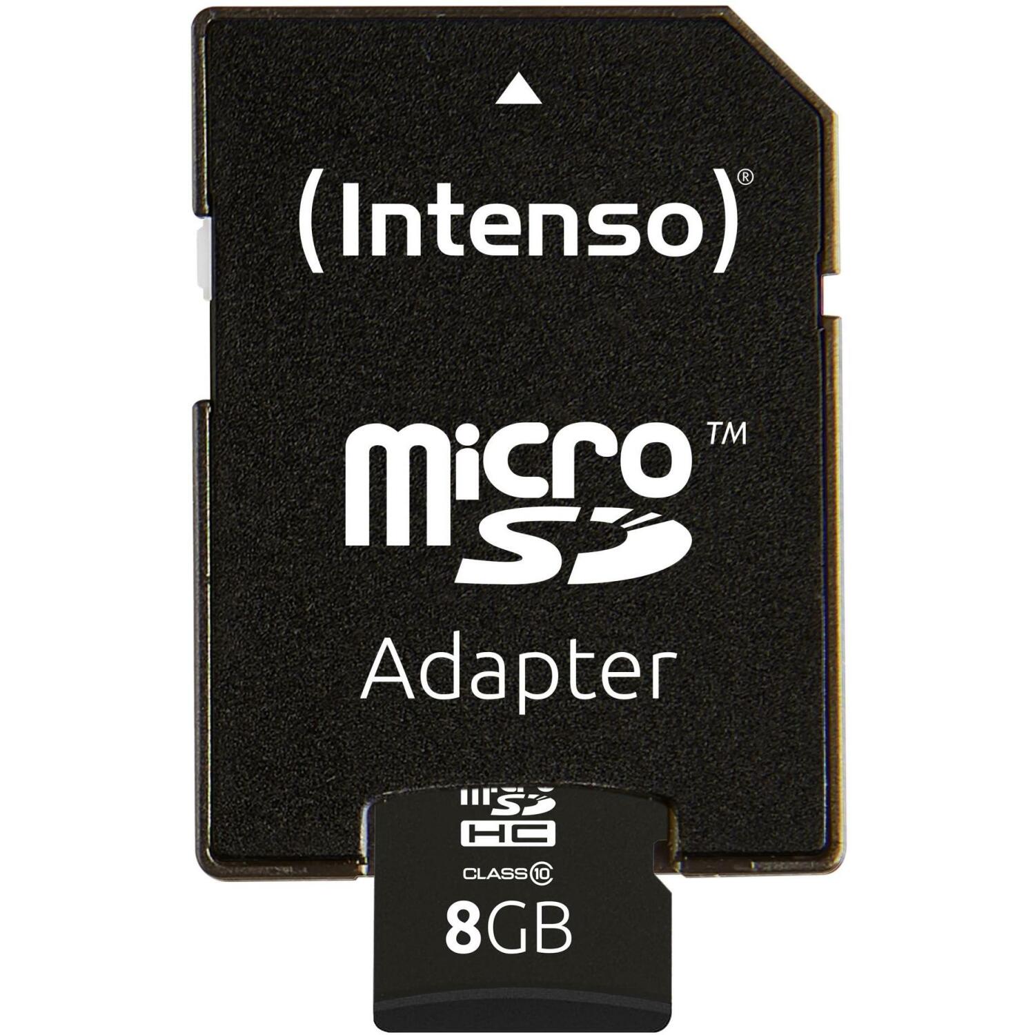 Intenso карта памяти micro SDHC 3413460 8 ГБ, скорость чтения 25 МБ/с, класс 10, водо- и ударопрочная, SD адаптер в комплекте (3413460)