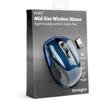 Kensington Pro Fit bezvadu pele K72421WW, 1600 DPI, optiskā, RF bezvadu, 3 pogas, ritenītis, AAA akumulators, Nano uztvērējs, zila (K72421WW)