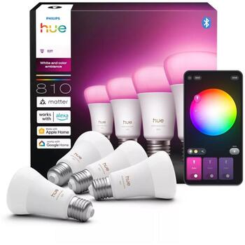 Philips Hue WCA 810 A60 E27 4P EU, светодиодная лампа, E27, 6 Вт, 810 лм, 25000 ч, 220-240 В, Bluetooth и Zigbee, 4 шт. (8720169364486)