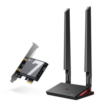 TP-Link Archer TBE550E BE9300 Wi-Fi 7 Bluetooth 5.4 PCIe trīs joslu adapteris 6 GHz 5760 Mbps 5 GHz 2880 Mbps 2.4 GHz 688 Mbps 2× antenas Melns (ARCHER TBE550E)