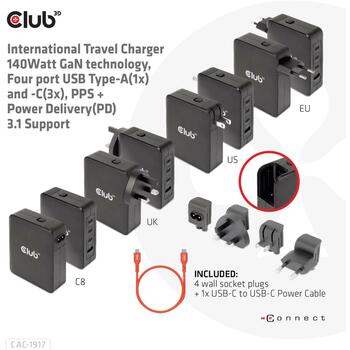 Club3D мобильное зарядное устройство CAC-1917 140W, 100-240V, 3x USB-C, 1x USB-A, PD 3.1, PPS, OCP, OVP, SCP, OTP, CE, FCC (CAC-1917)