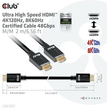 Club3D HDMI kabelis CAC-1372, 2 m, 48 Gbit/s, 10K 120Hz, 3D, zelta kontakti, melns (CAC-1372)