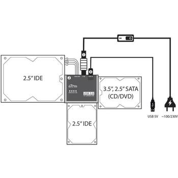 Media-Tech SATA/IDE USB адаптер MT5100, USB 3.0, 3 устройства, черный, SATA 22pin, PATA 44pin, PATA 40pin, USB Type B (MT5100)