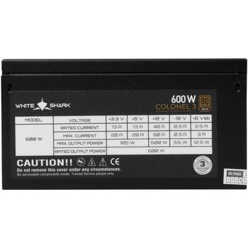 White Shark Barošanas bloks COLONEL-3, 600W, 140mm, 1275g, 20+4x1, 4/8x1, SATA x 4, MOLEX x 2, PCI-E 6/8 x 2, 80 PLUS BRONZE (COLONEL-3)
