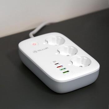 Tellur Умная WiFi Удлинитель TLL331521, 3 розетки, PD 30W, QC 18W, 2xUSB 2.4A, 2500W, 10A, 2m, защита от детей (TLL331521)