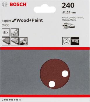 Slīppapīrs,kokam,PEX D=125mm,K240,5 gab., Ekscentra slīpmašīnām, ekscentra slīpmašīnām ar putekļu maisu C430 EXPERT FOR WOOD AND PAINT, 2608605645 BOSCH (2608605645)