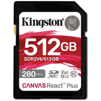 Kingston Карта SDR2V6/512GB, 512 ГБ, 280 МБ/с, 150 МБ/с, UHS-II, U3, V60, SDXC, exFAT (SDR2V6/512GB)