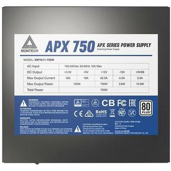 Montech Datora barošanas bloks APX750, 750W, 100-240V, 50/60Hz, 20+4 pin ATX, 80 PLUS White, aktīvā dzesēšana, 1 ventilators (APX750)