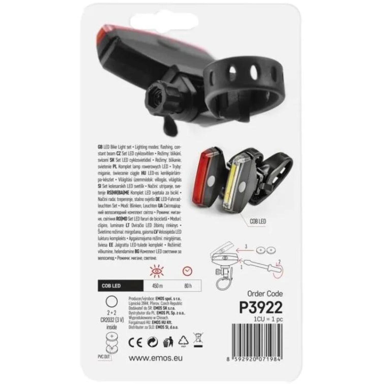 Emos LED велосипедный передний фонарь P3922, 22 lm, 2x CR2032, черный, 80 ч времени работы, IP43 (P3922)