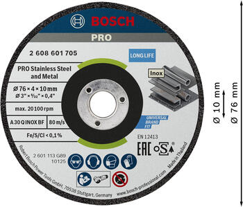 Slīpēšanas disks 76 x 4 x 10 mm, 2 gab, Mazām leņķa slīpmašīnām PRO STAINLESS STEEL AND METAL SLĪPRIPA, 2608601705, BOSCH (2608601705)