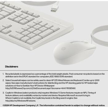HP 225 проводной комплект мыши и клавиатуры AW5S6AA#ABB, USB, 1200 DPI, оптическая, 3 кнопки, полноразмерная, белый, 1.8 м (AW5S6AA#ABB)