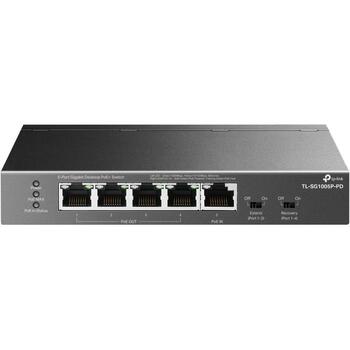 TP-Link TL-SG1005P-PD сетевой коммутатор 5-портовый Gigabit PoE+ unmanaged switch 5× PoE+ (802.3at) RJ45 5× 10/100/1000 Mbps порты настольный/стойковый корпус Plug-and-Play Чёрный (TL-SG1005P-PD)