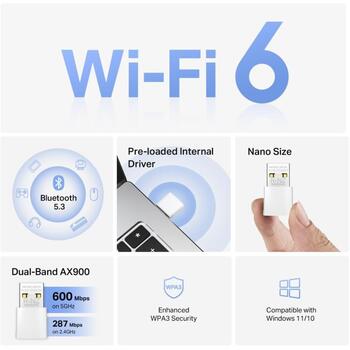 Mercusys AX900 Nano Wi-Fi 6 Bluetooth USB адаптер MA60XNB, 287 Mbps, 600 Mbps, USB 2.0, 2.4 GHz, 5 GHz (MA60XNB)