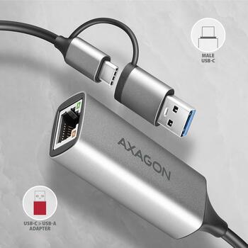 Axagon сетевой адаптер ADE-TXCA, 1 x RJ-45, 10/100/1000 Mbit/s, USB 3.2 Gen 1, ASIX AX88179, адаптер питания, серый (ADE-TXCA)