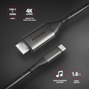 Axagon USB-C к HDMI кабель RVC-HI2MC, 1.8m, 4K/60Hz HDR10, USB Type-C, HDMI 2.1a, 70g, 48x21x10mm (RVC-HI2MC)