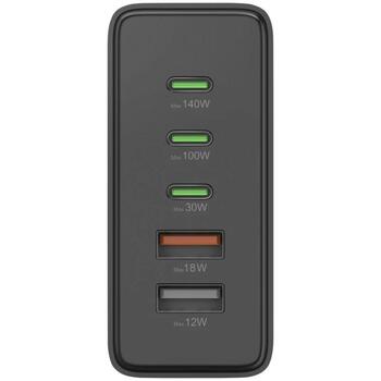 Hama 00201978 зарядная станция, 3xUSB-C/2xUSB-A, 140 Вт, GaN, PD/QC, 1.5 м, черный (00201978)
