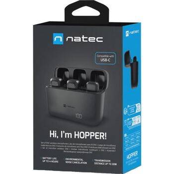 Natec Hopper NMI-2254, bezvadu mikrofonu komplekts, USB-C, 2 gab., melns, trokšņu samazināšana, 20-20kHz, -38dB, 4h (NMI-2254)