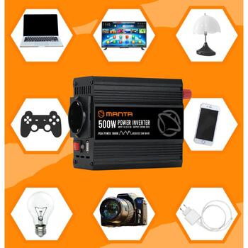 Manta MPI500M инвертор, 500W, 1000W, 12V или 24V на 230V, USB DC 5V 2.1A, модифицированная синусоида, защита (MPI500M)