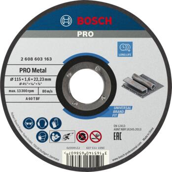 Griešanas ripa metālam Standard 115x22x1.6 mm, Mazām leņķa slīpmašīnām PRO METAL GRIEZĒJDISKS, 2608603163, BOSCH (2608603163)