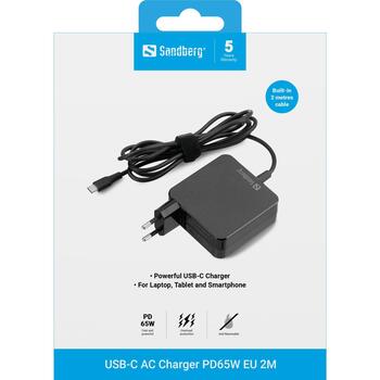 Sandberg 135-79 USB-C AC lādētājs PD65W, 65W, 230V, 20V, 5V, 3A, 1m, kompakts, aizsardzība pret pārslodzi un īssavienojumu (135-79)