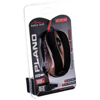 Media-Tech оптическая мышь PLANO MT1091MO, USB 5V, черный, золотой, универсальная форма, 3 кнопки, 1 колесо прокрутки (MT1091MO)