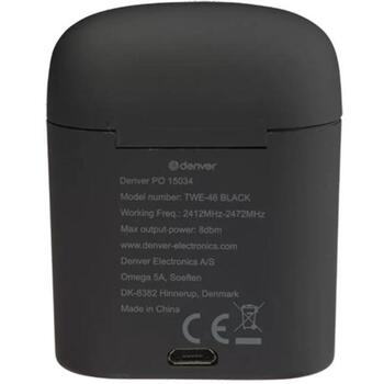 Denver TWE-46 111191120260, беспроводные наушники, Bluetooth 5.0, 10 мм, 16 Ом, 3 ч, 70 г, черные, встроенный микрофон (111191120260)