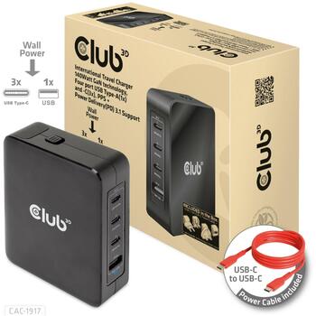 Club3D мобильное зарядное устройство CAC-1917 140W, 100-240V, 3x USB-C, 1x USB-A, PD 3.1, PPS, OCP, OVP, SCP, OTP, CE, FCC (CAC-1917)
