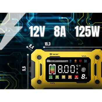 Tracer Зарядное устройство TRABAT47777, 12V, 8A, LED/LCD, 220-240V, 9 режимов зарядки, автоматическая зарядка (TRABAT47777)