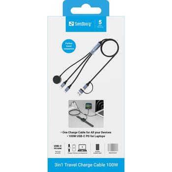 Sandberg 3in1 ceļojumu uzlādes kabelis 441-69, 1.2m, 100W, USB-C, USB-A, Apple Watch uzlāde, PD atbalsts (441-69)