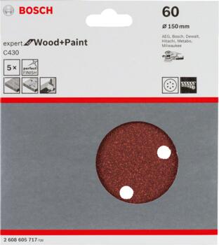 Slīppapīrs,kokam,PEX D=150mm,K60,5 gab., Ekscentra slīpmašīnām, ekscentra slīpmašīnām ar putekļu maisu C430 EXPERT FOR WOOD AND PAINT, 2608605717 BOSCH (2608605717)