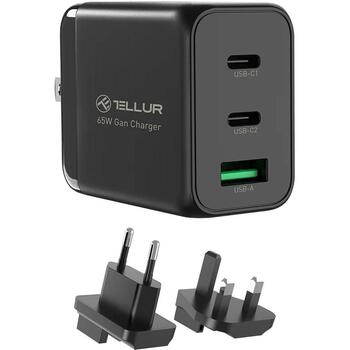 Tellur Зарядное устройство TLL151451, 65W, 2xUSB-C, USB-A, AC 100-240V, 1,5A, 5V/3A, 9V/3A, 12V/3A, 15V/3A, 20V/3,25A, 4,5V/5A (TLL151451)