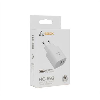 Sbox Зарядное устройство HC-693, 15W, USB-A 5/9/12V 3/2/1,5A, TYPE-C 5/9/12V 3/2,22/1,67A, белый, ABS/PC (HC-693)
