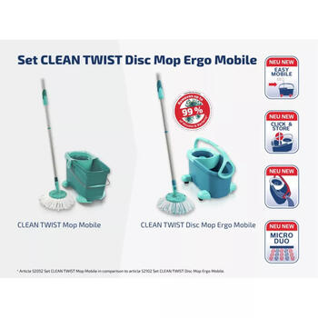 LEIFHEIT Clean Twist Disc Mop Ergo Mobile 1052102, grīdas uzkopšanas komplekts, 360° rotācija, regulējams kāts, mikrošķiedras mops (1052102)