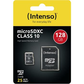 Intenso карта памяти MicroSDXC 3413491 128 ГБ, скорость чтения 25 МБ/с, класс 10, водонепроницаемая, ударопрочная, SD адаптер (3413491)