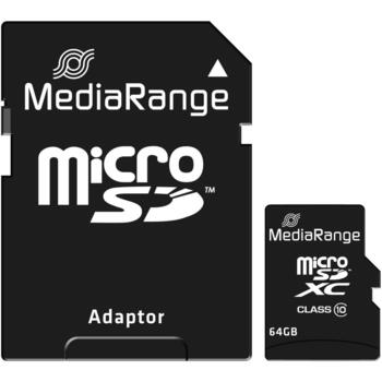 Mediarange Micro SDXC 64GB MR955, 60 МБ/с скорость чтения, 15 МБ/с скорость записи, класс 10, черный, адаптер SD в комплекте (MR955)