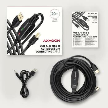 Axagon USB kabelis ADR-220B, 20m, aktīvs, USB 2.0 A-M uz B-M, 1 x USB 3.0 B, melns (ADR-220B)