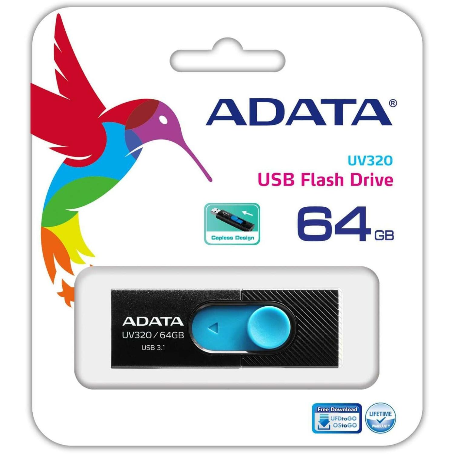 Adata USB флеш-накопитель AUV320-64G-RBKBL 64 ГБ, USB 3.2 Gen 1, черный, синий, слайд-дизайн (AUV320-64G-RBKBL)