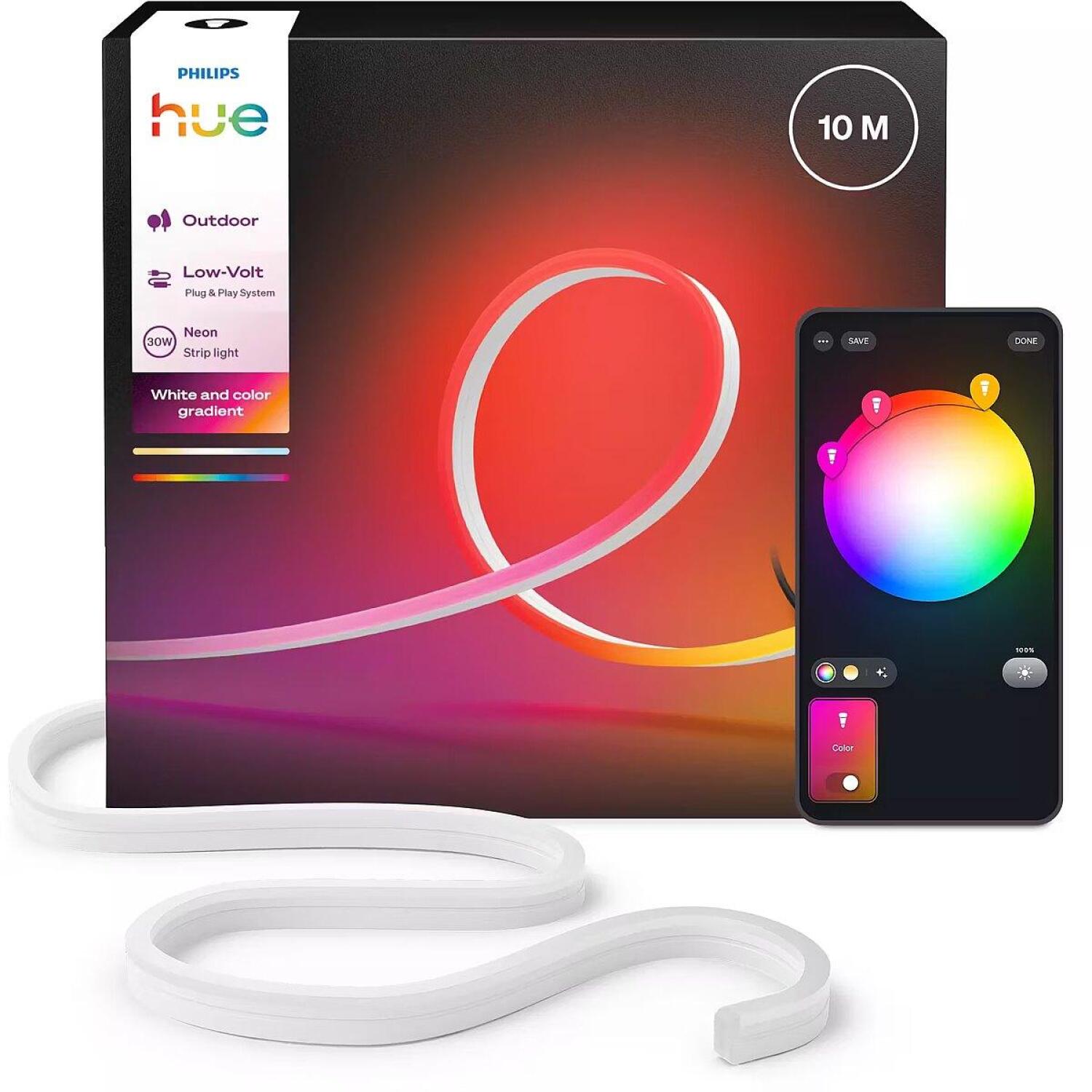 Philips Hue Neon умная светодиодная лента, 8721103088857, 10м, 30Вт, 1100лм, IP67, Bluetooth, Zigbee, силикон, белая, для улицы (8721103088857)
