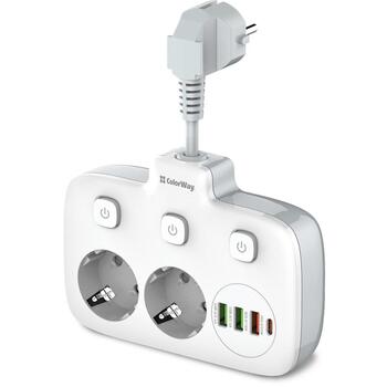 Colorway силовая розетка CW-CHE24PDW, 1 USB Type-C (PD), 1 USB-A (QC3.0), 2 USB-A (AUTO-ID), 2500W, 100-240V (CW-CHE24PDW)