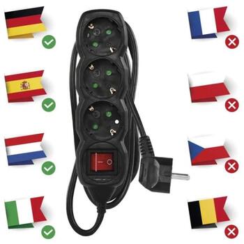 Emos Удлинитель PC1321R, 1,5м, 3×2P+PE, 3680W, PVC, с выключателем, черный, защита от детей (PC1321R)