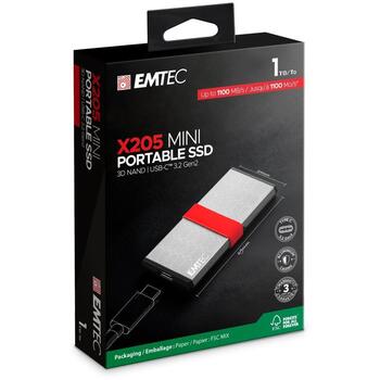 Emtec Портативный SSD ECSSD1TX205, 1TB, 1100MB/s, 1000MB/s, USB-C 3.2 Gen2, ударопрочный, алюминиевый корпус (ECSSD1TX205)