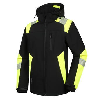 Augstas redzamības softshell jaka, melna/dzeltena, M, Pesso, ASTRA_M, 96% poliesteris, 4% Spandex (ASTRA_M)