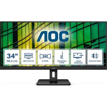 Aoc монитор U34E2M, 3440 x 1440, 100 Гц, 2 x HDMI, 1 x DP, VA, 21:9, 4 мс, 300 нит, 4000:1, 16,7 млн цветов, VESA 100 x 100 (U34E2M)