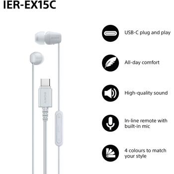Sony Наушники IER-EX15C Код IEREX15CW.CE7, 1.2m, USB-C, 3 пары насадок, микрофон (IEREX15CW.CE7)